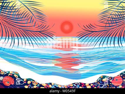 Vector tropical background with palm trees and sunset at sea. Advertise exotic island, beautiful sea and palm trees. Stock Vector