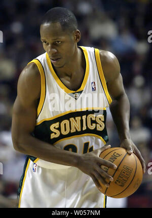 Seattle Supersonics' Ray Allen looks for an opening against the