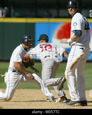 Seattle Mariners' Richie Sexson looks towards the firstbase coach after Boston Red Sox' shortstop Alex Cora ,center, stepped on second base to force out Sexson and then tagged out returning base runner Raul Ibanez in the sixth inning in Seattle on August 27, 2006.(UPI Photo/Jim Bryant) Stock Photo