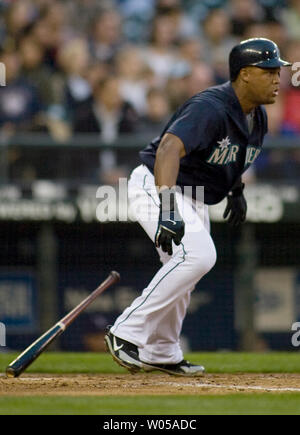 Seattle Mariners' Adrian Beltre watches his line drive caught by Texas Rangers second baseman Ian Kinsler in the third inning at Safeco Field in Seattle April 5, 2008. The Mariners beat  the Rangers 7-3. (UPI Photo/Jim Bryant) Stock Photo