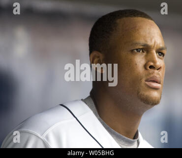 Seattle Mariners' Adrian Beltre watches from the dugout in the fifth inning against the  Minnesota Twins at SAFECO Field in Seattle on June 6, 2009. The Mariners beat the Twins 2-1. (UPI Photo/Jim Bryant) Stock Photo