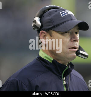 Seattle Seahawks Head Coach Jim Mora watches from the sidelines in their game against the Tennessee Titans in the third quarter at Qwest Field in Seattle on January 3, 2010. The Titans beat the Seahawks 17-13.  (UPI /Jim Bryant) Stock Photo