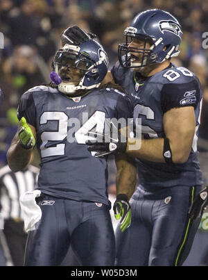 Seattle Seahawks running back Marshawn Lynch, left, celebrates his first quarter touchdown with tight end Zach Miller at CenturyLink Field in Seattle, Washington on December 1, 2011. The Seahawks beat the Eagles 31-14.  UPI/Jim Bryant Stock Photo