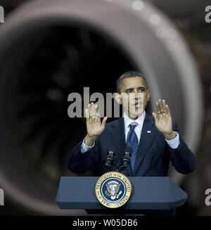 President Barack Obama speaks to Boeing employees about his blueprint for an economy built to last, based on American domestic manufacturing and promoting American exports,  at the aerospace giant's assembly facility in Everett, Washington on February 17, 2012. Later Obama will be attending two fund raising events for his re-election campaign.   UPI/Jim Bryant Stock Photo