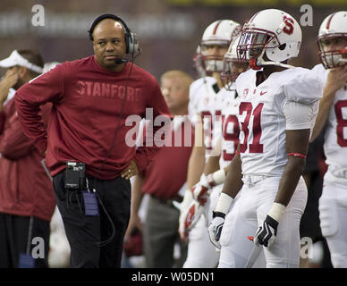 Stanford head coach David Shaw walks the sidelines in a college football game against the Washington Huskies at CenturyLink Field in Seattle, Washington on September 27, 2012. Washington upset the eight ranked Stanford 17-13.   UPI/Jim Bryant Stock Photo