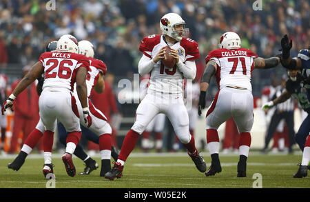 Arizona Cardinals quarterback John Skelton drops back to pass against the Seattle Seahawks at CenturyLink Field in Seattle, Washington on  December 9, 2012.  Skelton completed 11 of 22 passes for 74 yards and had four interceptions in the 0-58 loss to the Seahawks.     UPI/Jim Bryant Stock Photo