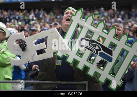 Seattle Seahawks  fan Lorin 'Big Lo' Sandretzky  yells at the Tampa Bay Buccaneers at CenturyLink Field in Seattle, Washington on  November 3, 2013.  The Seahawks beat the Buccaneers 27-24 in overtime. UPI /Jim Bryant Stock Photo