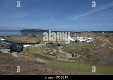 Golfers practice on the ninth hole prior to the start of the 115th U.S. Open Championship at Chambers Bay on June 16, 2015 in University Place, Washington. Photo by Terry Schmitt/UPI Stock Photo