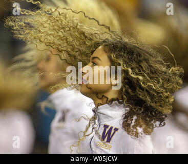 University of Washington Cheerleaders perform during their game against the Arizona State Sun Devils during the quarter in a PAC-12 College Football game on September 22, 2018 at Husky Stadium Seattle, Washington.  Washington Huskies beat the Arizona Sun Devils  27-20.    Photo by Jim Bryant/UPI Stock Photo