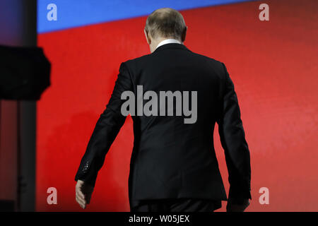 Russian President Vladimir Putin leaves after a rally on Nakhimov Square in Sevastopol, Crimea on March 14, 2018 on his last official day of the presidential elections campaign. Photo by Yuri Gripas/UPI Stock Photo