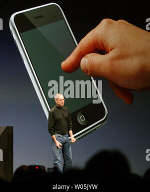 Steve Jobs, CEO of Apple Inc., unveils the new iPhone, while giving the keynote speech at the MacWorld Expo in San Francisco, California on January 9, 2007. (UPI Photo/Aaron Kehoe) Stock Photo