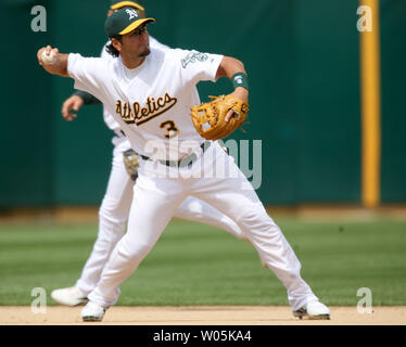 Oakland Athletics third baseman Eric Chavez (3) throws to second base after fielding a ground ball hit by Chicago White Sox Tadahito Iguchi in the sixth inning at McAfee Coliseum in Oakland, California on April 11, 2007. (UPI Photo/Aaron Kehoe) Stock Photo