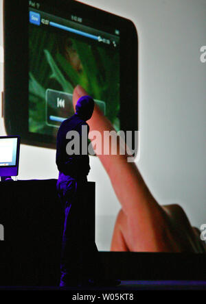 Steve Jobs, CEO of Apple Inc. unveils the new iPod Touch at the Moscone Center in San Francisco on September 5, 2007. Features of the newest iPod include wireless access to the internet and access to recent songs played at Starbucks locations. (UPI Photo/Aaron Kehoe) Stock Photo