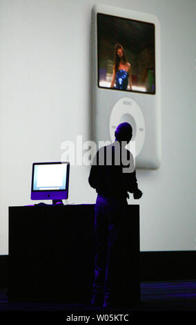 Steve Jobs, CEO of Apple Inc., unveils the new iPod Nano at the Moscone Center in San Francisco on September 5, 2007. (UPI Photo/Aaron Kehoe) Stock Photo
