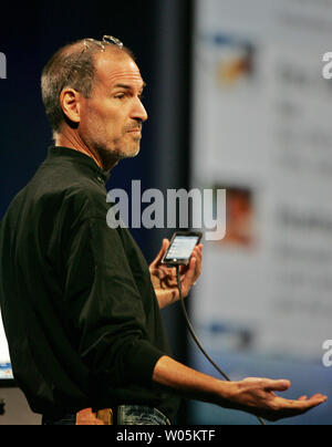 Steve Jobs, CEO of Apple Inc. unveils the new iPod Touch at the Moscone Center in San Francisco on September 5, 2007. Features of the newest iPod include wireless access to the internet and access to recent songs played at Starbucks locations. (UPI Photo/Aaron Kehoe) Stock Photo