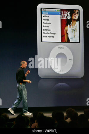 Steve Jobs, CEO of Apple Inc., unveils the new iPod Nano at the Moscone Center in San Francisco on September 5, 2007. (UPI Photo/Aaron Kehoe) Stock Photo