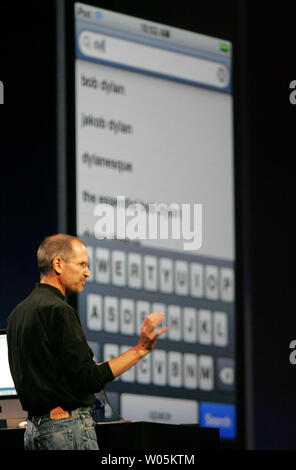 Steve Jobs, CEO of Apple Inc. unveils the new iPod Touch at the Moscone Center in San Francisco on September 5, 2007. Features of the newest iPod include wireless access to the internet and a Starbucks iTunes application. (UPI Photo/Aaron Kehoe) Stock Photo