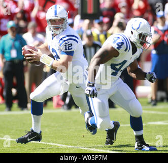 Indianapolis Colts QB Andrew Luck (12) rolls out to pass against San Francisco 49ers in the first quarter at Candlestick Park in San Francisco on September 22, 2013. The Colts defeated the 49ers 27-7.    UPI/Bruce Gordon Stock Photo