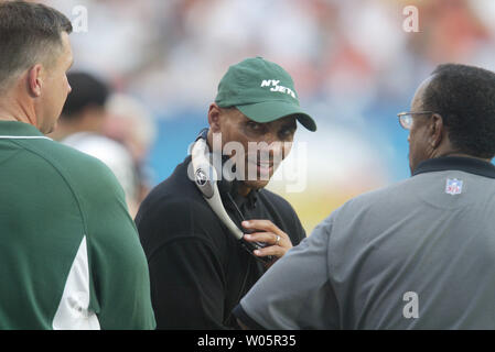 NY Jets head coach Herm Edwards lets out a smile in the fourth quarter. The  New York Giants defeated the New York Jets 31-28 in overtime at the  Meadowlands in East Rutherford