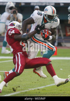 Miami Dolphins wide receiver Marty Booker (86) gains yardage  November 7, 2004 against the Arizona Cardinals at Pro Player Stadium in Miami, Fl. The Arizona Cardinals beat the Miami Dolphins 24-23.                     (UPI Photo/Susan Knowles) Stock Photo