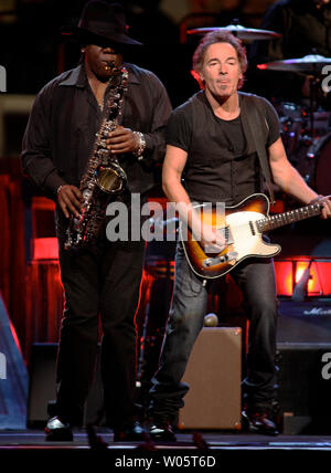 Bruce Springsteen  and Clarence Clemons perform at HP Pavilion in San Jose, California on April 5, 2008. The iconic American songwriter and the E Street band are touring in support of their most recent album 'Magic'. (UPI Photo/Daniel Gluskoter) Stock Photo