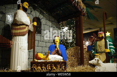 Visitors to the National Shrine of Our Lady of the Snows' Way of Lights Lego exhibit in Belleville, IL, will see an estimated one million Lego pieces it took to build this nativity scene on December 22, 2003.The nativity scene took a dozen people working 24 hours a day over nine months to build. The scene is part of a Christmas display featuring all items built from Legos.     (UPI Photo/Bill Greenblatt) Stock Photo