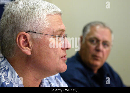 St. Louis Rams general manager Charley Armey (R) listens as head football coach Mike Martz fills reporters in on the upcoming NFL draft that will be held this weekend, in Maryland Heights, Mo on April 21, 2004. The Rams, who finished the 2003-04 season at 12-4, will pick 26th overall. St. Louis currently holds eight selections in the draft, one pick in the first, third, fifth and sixth rounds, and two selections in the fourth and seventh rounds.   (UPI Photo/Bill Greenblatt) Stock Photo