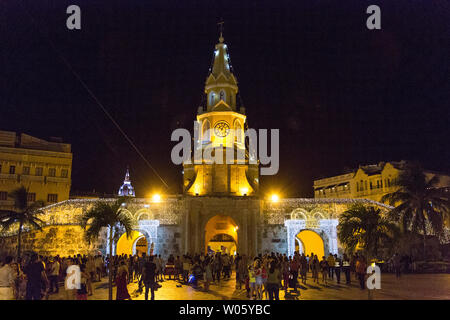 The famous clock tower (Torre del Reloj) in Cartagena, Colombia, at the entrance to the historic center (Centro) of town. Stock Photo