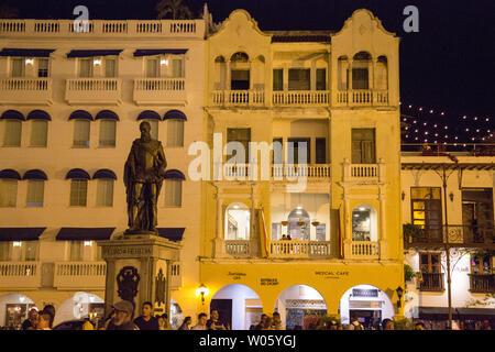 The statue of Pedro de Heredia in one of the main squares of the historic center (Centro) in Cartagena, Colombia, called Plaza de los Coches. Stock Photo