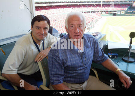 The St. Louis Cardinals radio broadcast team of John Rooney (L) and Mike Shannon pose for a ...