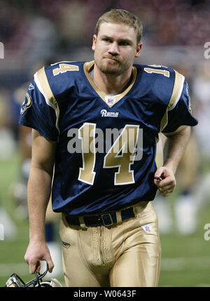 Frustrated St. Louis Rams kicker Jeff Wilkens exits the field after the Rams lose to the Washington Redskins 24-9 at the Edward Jones Dome in St. Louis on December 4, 2005. (UPI Photo/Bill Greenblatt) Stock Photo