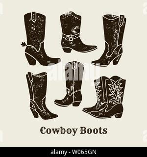 Vector hand draw illustration of cowboy boots in retro style. Icon isolated on white background. Design element for poster, flyer, postcard, web desig Stock Vector