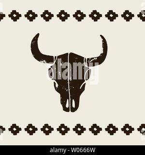 Vector black skulls buffalo, bull or cow on a white background. Hand-drawn graphics in the style of grunge scuffs. Wild west sign symbol. Vintage embl Stock Vector