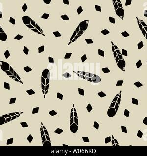 Vector hand draw seamless pattern with feathers and diamonds on white background. Ethnic simple style. Vintage card for fabric design Stock Vector