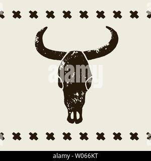 Vector black skulls buffalo, bull or cow on a white background. Hand-drawn graphics in the style of grunge scuffs. Wild west sign symbol. Vintage embl Stock Vector