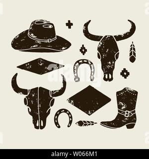 Vector set of hand draw elements of the wild West. Cowboy Western icons in monochrome. Design elements for logo, label, emblem, sign, badge. Cowboy ha Stock Vector