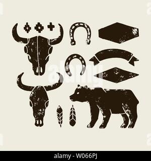 Vector set of hand draw elements of the wild West on a white background. Cowboy Western icons in monochrome. Design elements for logo, label, emblem, Stock Vector