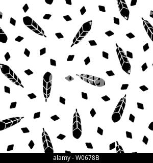 Feathers and Diamonds Vector hand draw seamless pattern. Monohrome background. Ethnic simple style. Vintage card for fabric design. Stock Vector