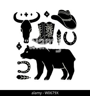 Vector set of hand draw elements of the wild West. Cowboy Western icons in monochrome. Design elements for logo, label, emblem, sign, badge. Cowboy ha Stock Vector