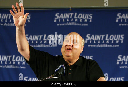 Former Utah head basketball coach and ESPN college basketball analyst Rick Majerus speaks after being introduced as the new head basketball coach at Saint Louis University in St. Louis on April 30, 2007.   (UPI Photo/Bill Greenblatt) Stock Photo