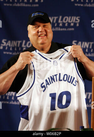 Former Utah head basketball coach and ESPN college basketball analyst Rick Majerus displays his neew jersey after being introduced as the new head basketball coach at Saint Louis University in St. Louis on April 30, 2007.   (UPI Photo/Bill Greenblatt) Stock Photo