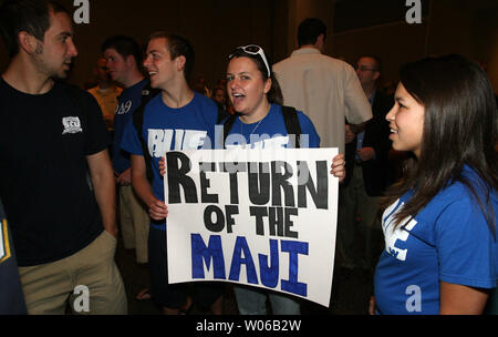 Saint Louis University students show their support for former Utah head basketball coach and ESPN college basketball analyst Rick Majerus as they wait for the start of a news conference to introduce him as the new head basketball coach in St. Louis on April 30, 2007.   (UPI Photo/Bill Greenblatt) Stock Photo