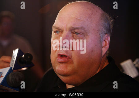 Former Utah head basketball coach and ESPN college basketball analyst Rick Majerus speaks too reporters after being introduced as the new head basketball coach at Saint Louis University in St. Louis on April 30, 2007.   (UPI Photo/Bill Greenblatt) Stock Photo