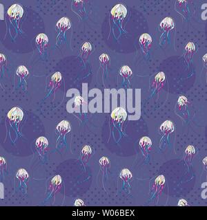 Hand drawn medusa vector seamless pattern. Jellyfish ocean abstract background. Sea jelly texture in modern style for surface design, textile, wrappin Stock Vector