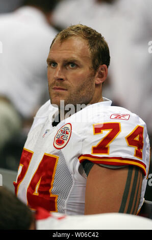 Former St. Louis Rams now Seattle Seahawks Grant Wistrom watches a replay  during a game at the Edward Jones Dome in St. Louis on October 9, 2005.  (UPI Photo/Bill Greenblatt Stock Photo 