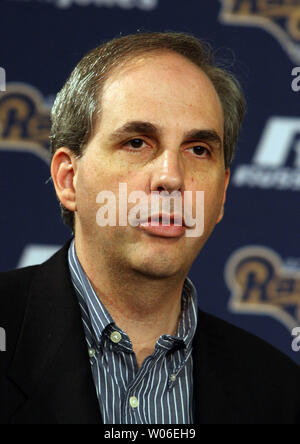 Chip Rosenbloom, the son of the late St. Louis Rams owner Georgia Frontiere, answers questions as he and sister Lucia Rodriguez are introduced to the St. Louis media, at the team's practice facility in Earth City, Missouri on April 24, 2008. The two will assume the ownership duties of the football team. (UPI Photo/Bill Greenblatt) Stock Photo