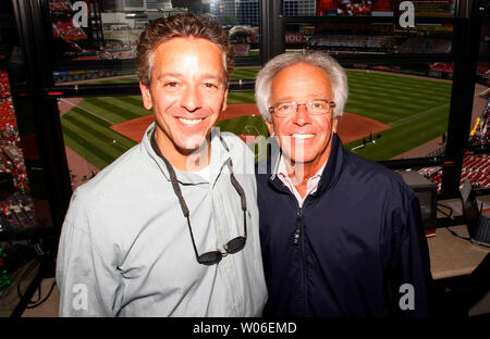 Cincinnati Reds radio broadcast team of Thom Brennaman (L) and father National Baseball Hall of Fame member Marty Brennaman, pose for a photograph before a game against the St. Louis Cardinals at Busch Stadium in St. Louis on April 30, 2008.  (UPI Photo/Bill Greenblatt) Stock Photo