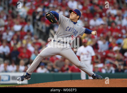 Chicago Cubs starting pitcher Rich Hill delivers a pitch to the St. Louis Cardinals in the first inning at Busch Stadium in St. Louis on May 2, 2008. Hill was removed midway through the first inning after loading the bases and giving up two runs.  (UPI Photo/Bill Greenblatt) Stock Photo