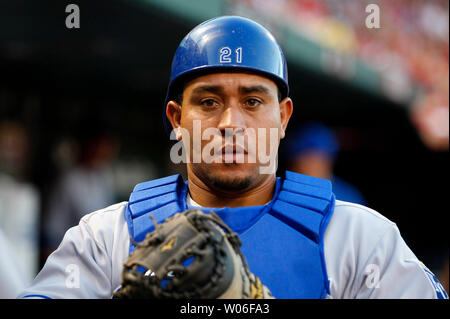 Kansas City Royals catcher Miguel returns to the field in the fourth inning against the St. Louis Cardinals at Busch Stadium in St. Louis on June 17, 2008. Kansas City won the game 2-1.  (UPI Photo/Bill Greenblatt) Stock Photo