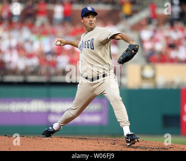 San Diego Padres starting pitcher Greg Maddux delivers a pitch to the St. Louis Cardinals in the second inning at Busch Stadium in St. Louis on July 18, 2008.  (UPI Photo/Bill Greenblatt) Stock Photo